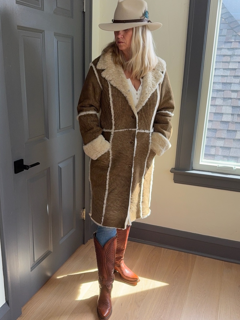 SUNDANCE BROWN SUEDE SHEARLING COAT Size 8
